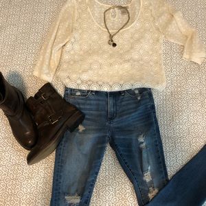 NWOT Lucky brand +Lace top+3/4 sleeve+white +S